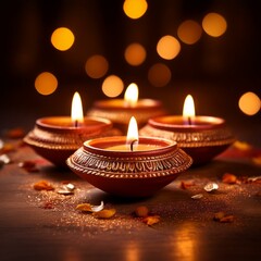 Obraz premium Diwali background content with traditional clay lamps and marigold flowers
