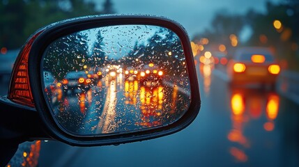 Rainy evening traffic reflected in a wet car side mirror with blurred city lights Generative AI