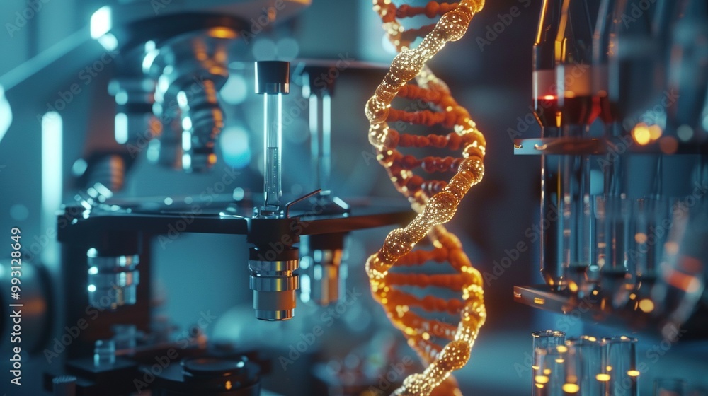 Poster a 3d rendering of a double-stranded dna model of a human cell in front of a microscope and a set of 
