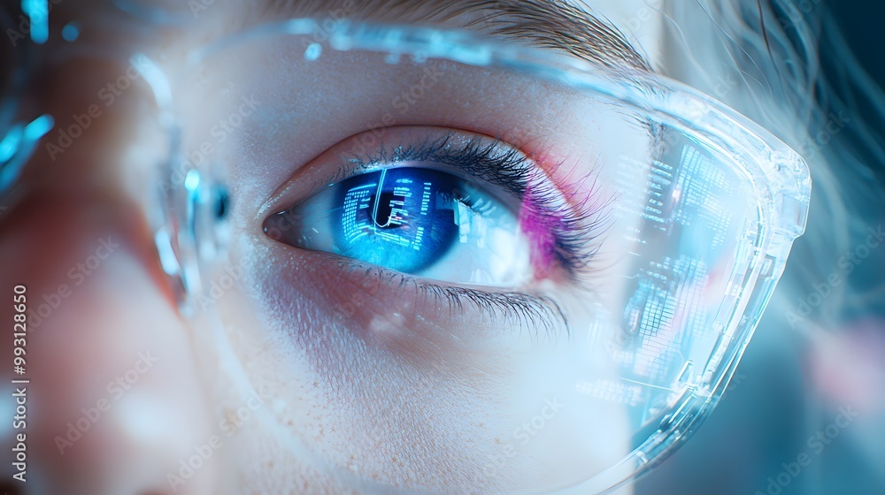 Poster close-up of a human eye with digital data displayed in a transparent goggle