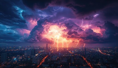 Dramatic lightning storm over a brightly lit city skyline at sunset with vibrant clouds and striking bolts Generative AI