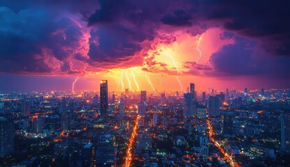 Obraz premium Dramatic lightning storm over a brightly lit city skyline at sunset with vibrant clouds and striking bolts Generative AI