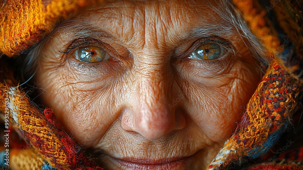 Poster   A woman's face with a scarf and hood on in close-up