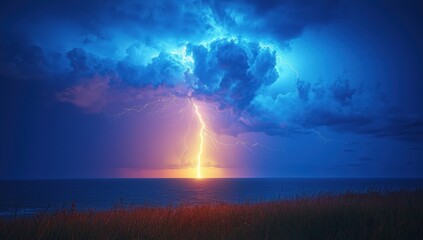 Fototapeta premium Bright lightning bolt striking a grassy field under dark stormy clouds with vibrant blue skies at night Generative AI