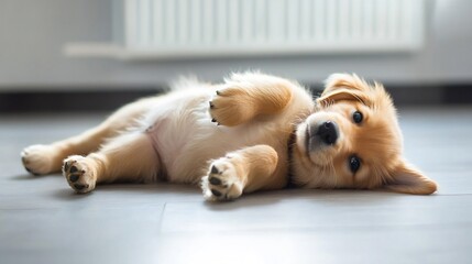 Adorable Puppy Lying on the Floor with Playful Expression