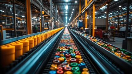 Fototapeta premium Conveyor Belt Production Line with Colorful Parts