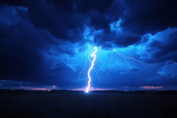 Bright lightning striking over a cityscape under dark storm clouds with a glowing blue sky at night Generative AI