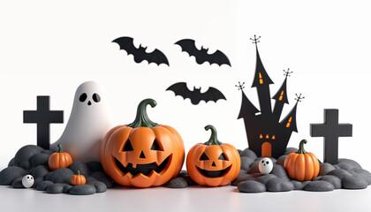 Happy Halloween banner design Helloween night party background with cute ghost characters