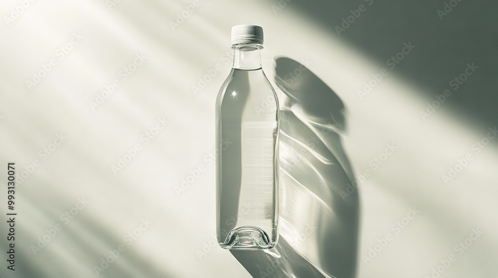 Poster a white background features a bottle casting a shadow below it and a leaf shadow