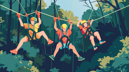 Children experience the thrill of zip lining through a vibrant green forest, enjoying outdoor adventure during summer vacation days