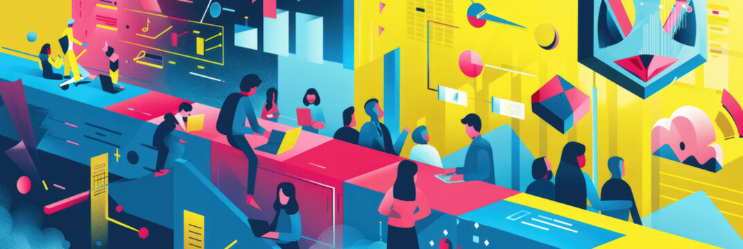A dynamic office environment filled with people engaged in collaborative work, showcasing creativity and teamwork in a colorful setting