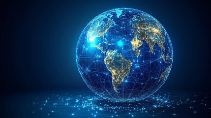A globe rendered with a glowing network of lines and nodes, representing global connectivity and communication.