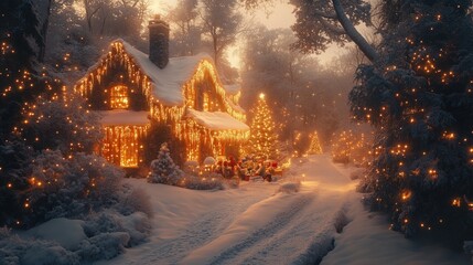 A magical winter scene depicting the joy of Christmas morning, with fresh snow and sparkling lights.