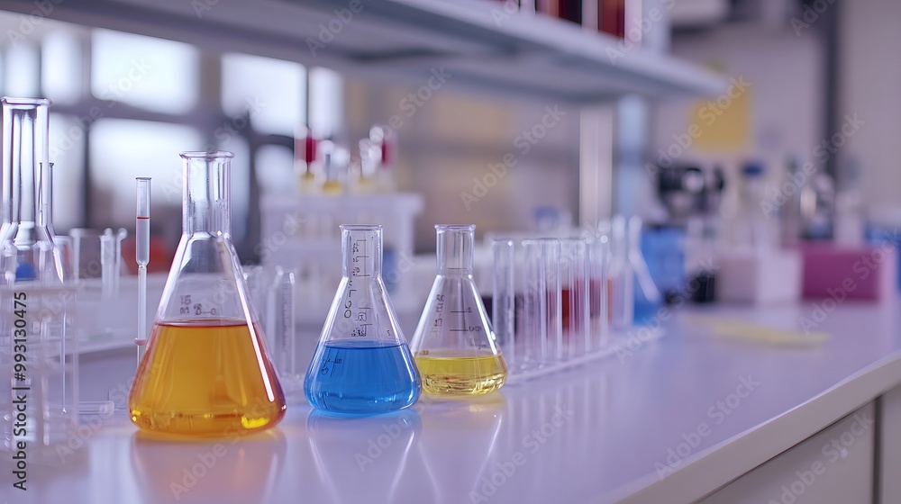 Poster laboratory flasks with colorful liquids on a white table