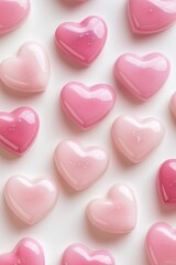 Obraz premium Glossy, pink candy-like hearts with a smooth finish and delicate shine arranged on a white surface