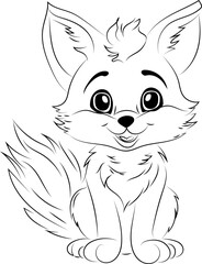 Cute little fox  cartoon character coloring page. Animal,  colouring page for kids