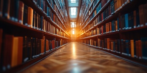 Fototapeta premium A library aisle filled with bookshelves, creating a tunnel of knowledge, bathed in warm sunlight