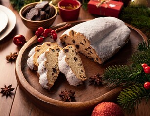 traditional stollen with decoration on wooden background