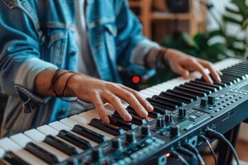 Musician with a keyboard, composing music in a home studio