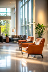 Fototapeta premium Cozy orange chairs in a bright, modern lobby with large windows and lush greenery in the background during daytime