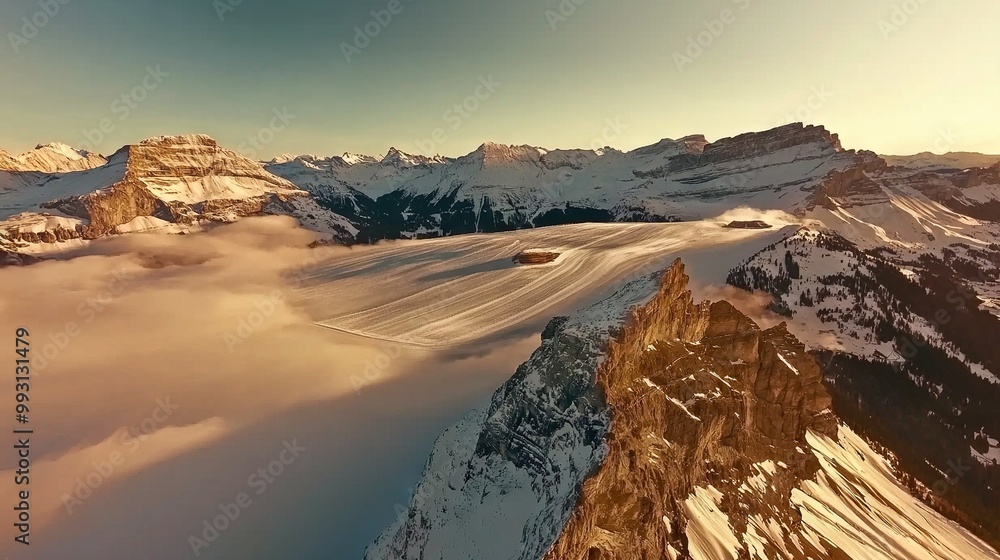 Poster an aerial view of snow-covered mountains in the foreground with clouds in the background