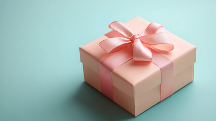 Obraz premium A beautiful virtual gift box with soft pink ribbon sits elegantly against serene blue background, perfect for digital shopping and special occasions