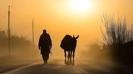 At dawn, a donkey and an old man were walking on a dusty road
