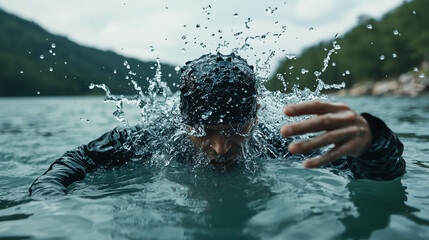 Man Swimming in a Lake with Splashing Water