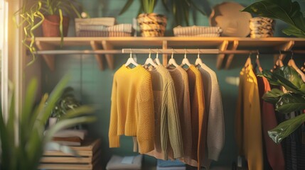 Realistic sustainable fashion display in a boutique with eco-friendly clothing high-definition clarity