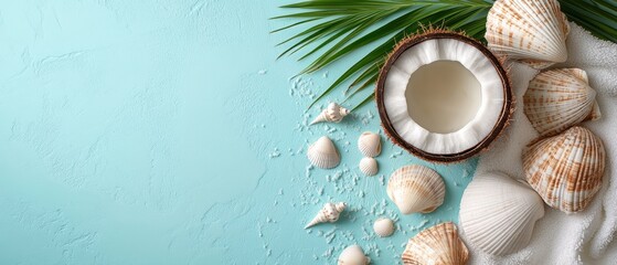 Obraz premium A serene beach scene featuring coconut, seashells, and tropical leaves, perfect for summer and relaxation themes, background with copy space