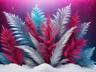 Obraz premium abstract pastel Glowing neon Sparkly silver Christmas viva magenta red glitter background with silver staghorn plant and snow snowflakes in neon light