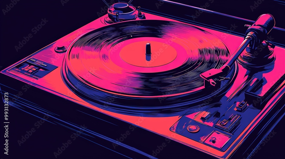 Poster a tabletop turntable sits atop a table, flanked by a record player and a microphone