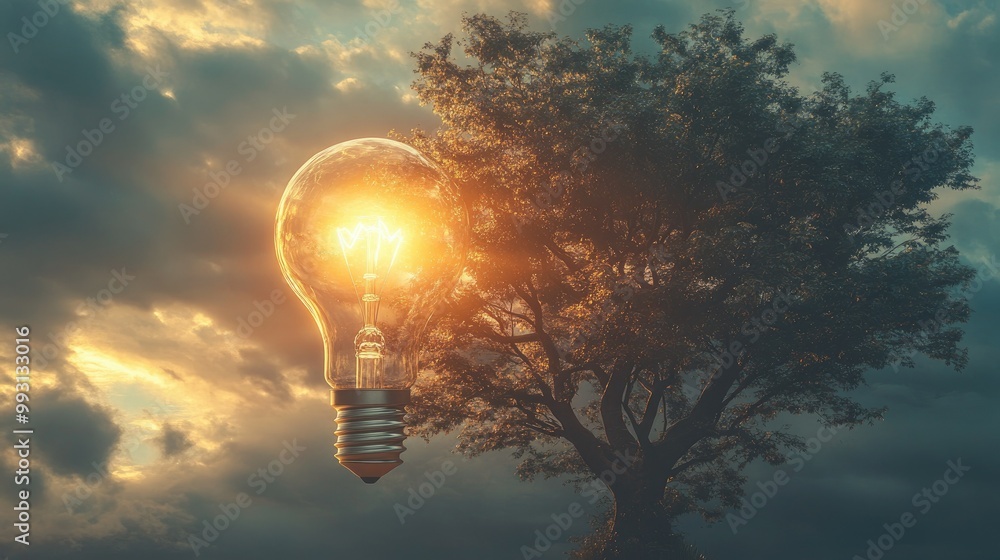 Poster a conceptual image of a glowing light bulb intertwined with a tree, symbolizing renewable energy and