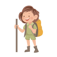 Cute boy scout with backpack in flat design. Teenager in uniform at camping. Vector illustration isolated.