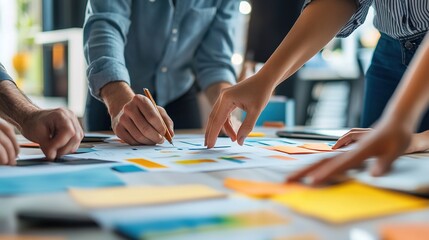 Obraz premium A collaborative team working on creative projects with papers and notes on a table, showcasing teamwork and interaction.
