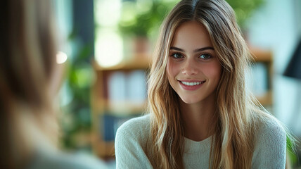 A young woman with long hair smiles warmly, creating friendly atmosphere in bright, plant filled room. Her expression conveys openness and approachability, ideal for counseling setting
