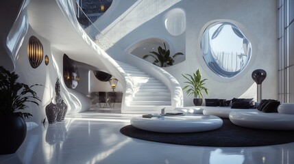 Contemporary interior design featuring sweeping curves and natural light in a modern home