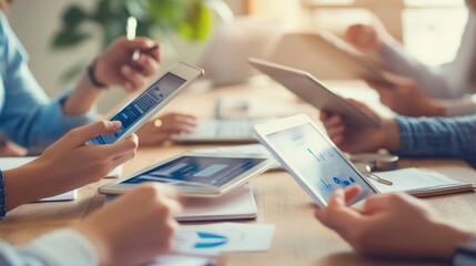 A collaborative workspace with multiple people using tablets and smartphones, engaging in discussion and analysis, likely related to business or digital tasks.