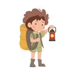 Boy scout with backpack and lantern in flat design. Teenager in uniform at camping. Vector illustration isolated.