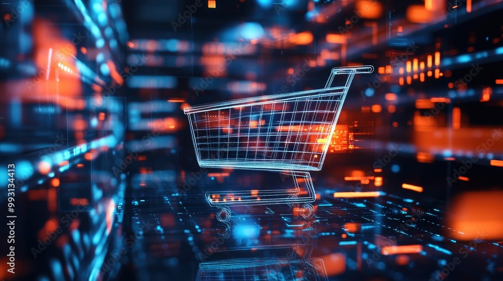 Poster a digital shopping cart floats amidst holographic data, representing ai-powered retail innovations a