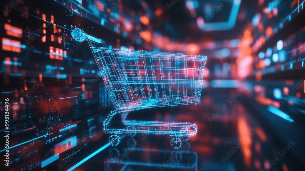 Poster a digital shopping cart floats amidst holographic data, representing ai-powered retail innovations a