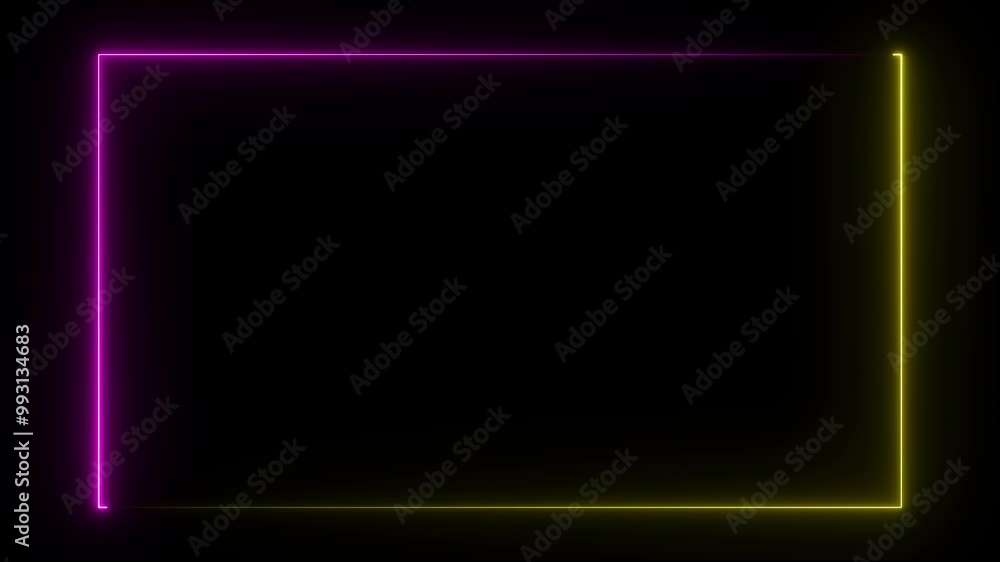 Poster neon square rectangle picture frame with two tone neon color motion graphic on isolated black backgr