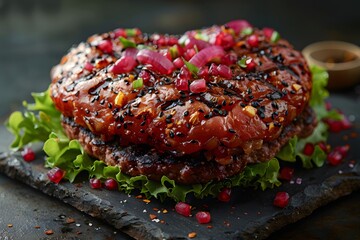 Delicious Grilled Burger with Pomegranate Seeds and Lettuce on Slate Plate - Perfect for Summer BBQs and Food Photography