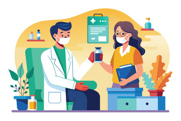 A doctor provides medication to a patient in a friendly medical environment, emphasizing care, Doctor gives patient medicine, flat drawing.