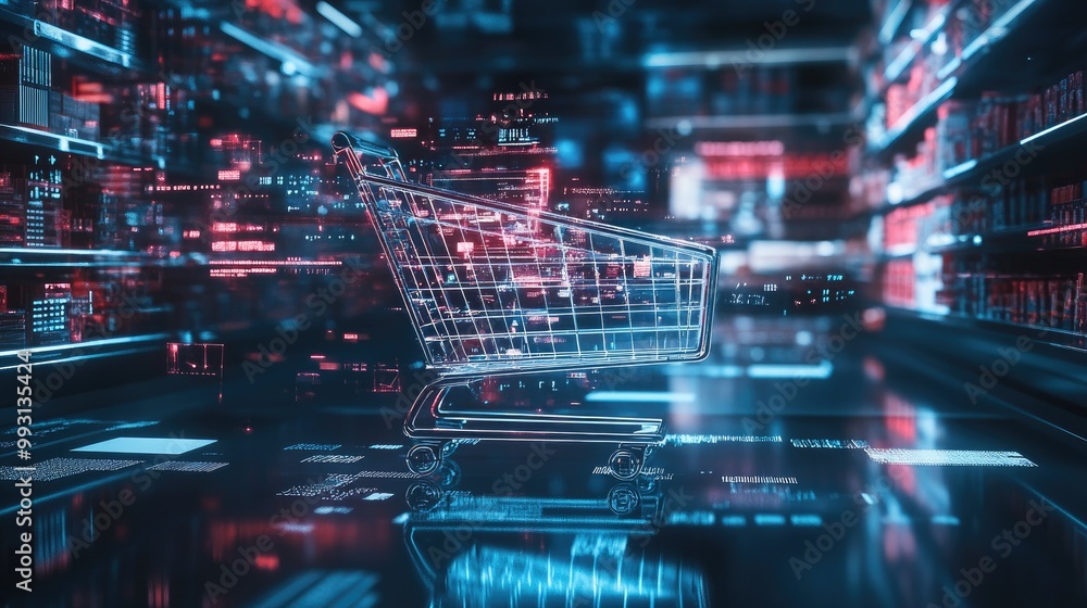 Poster a futuristic shopping cart surrounded by ai-enhanced visual elements and abstract retail data analyt