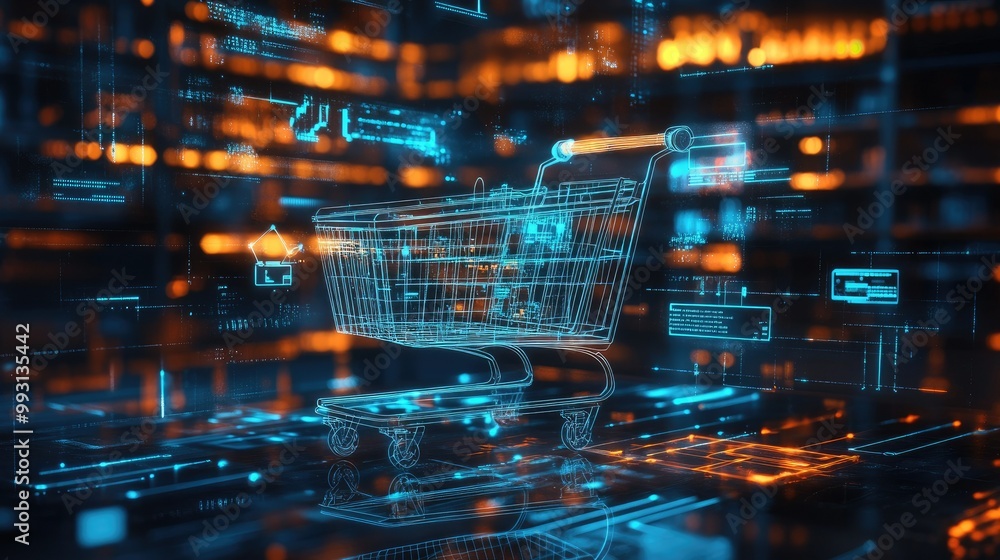 Poster a futuristic shopping cart surrounded by ai-enhanced visual elements and abstract retail data analyt