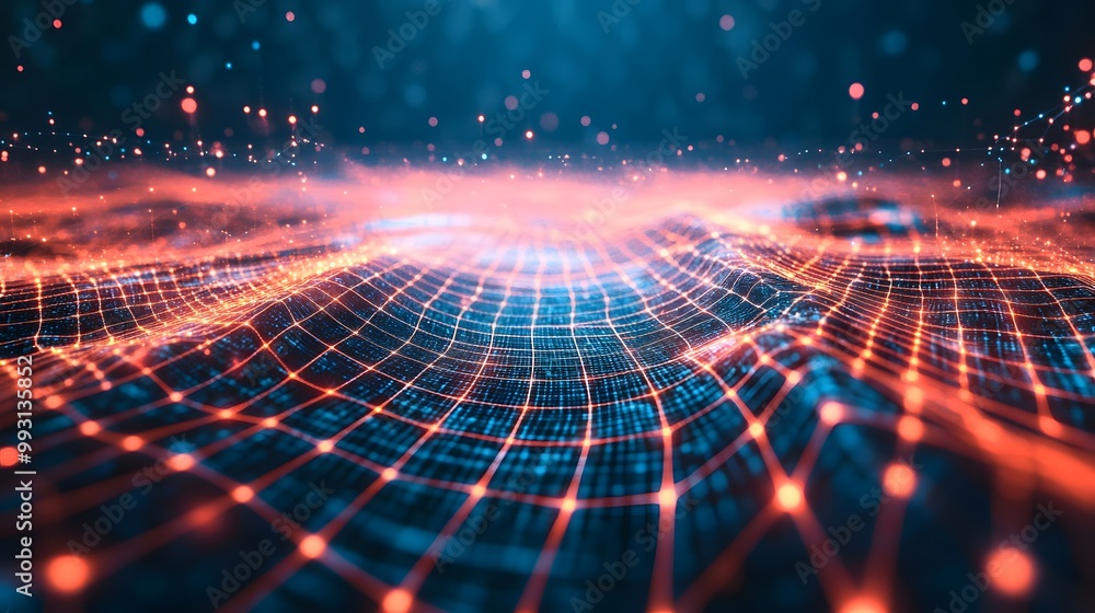 Poster abstract digital grid with glowing red lines and points