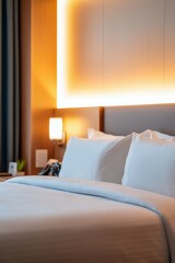 Comfortable hotel bedroom with soft lighting and cozy decor creating a relaxing atmosphere