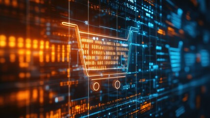 A glowing shopping cart icon set against a matrix of code, representing AI-driven consumer data analysis in retail.