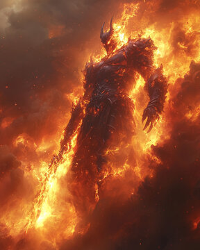 fierce demon warlord engulfed in hellfire strides forth in a blazing realm